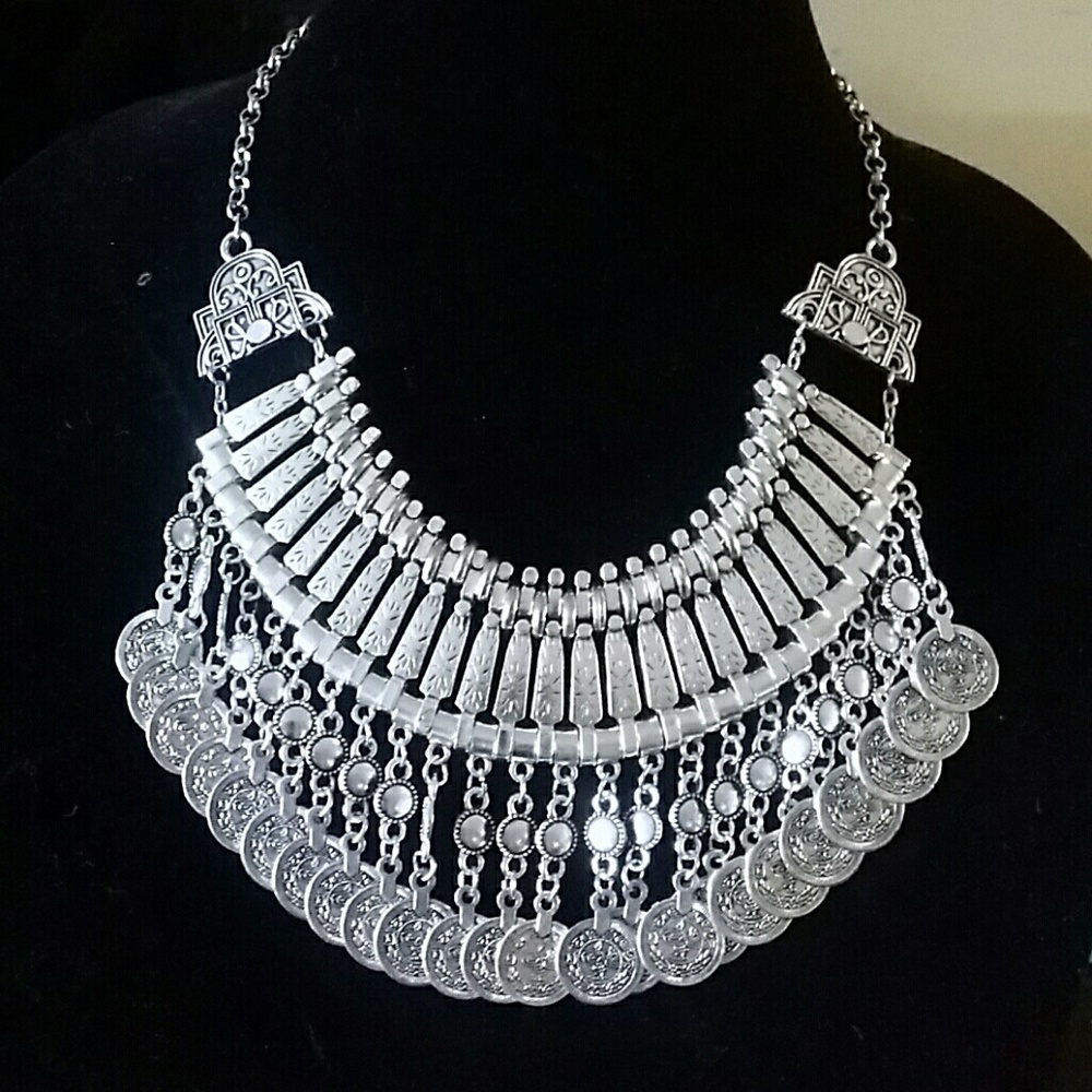 Necklace. Boho. Gypsy. Coin. Statement. Silvertone
